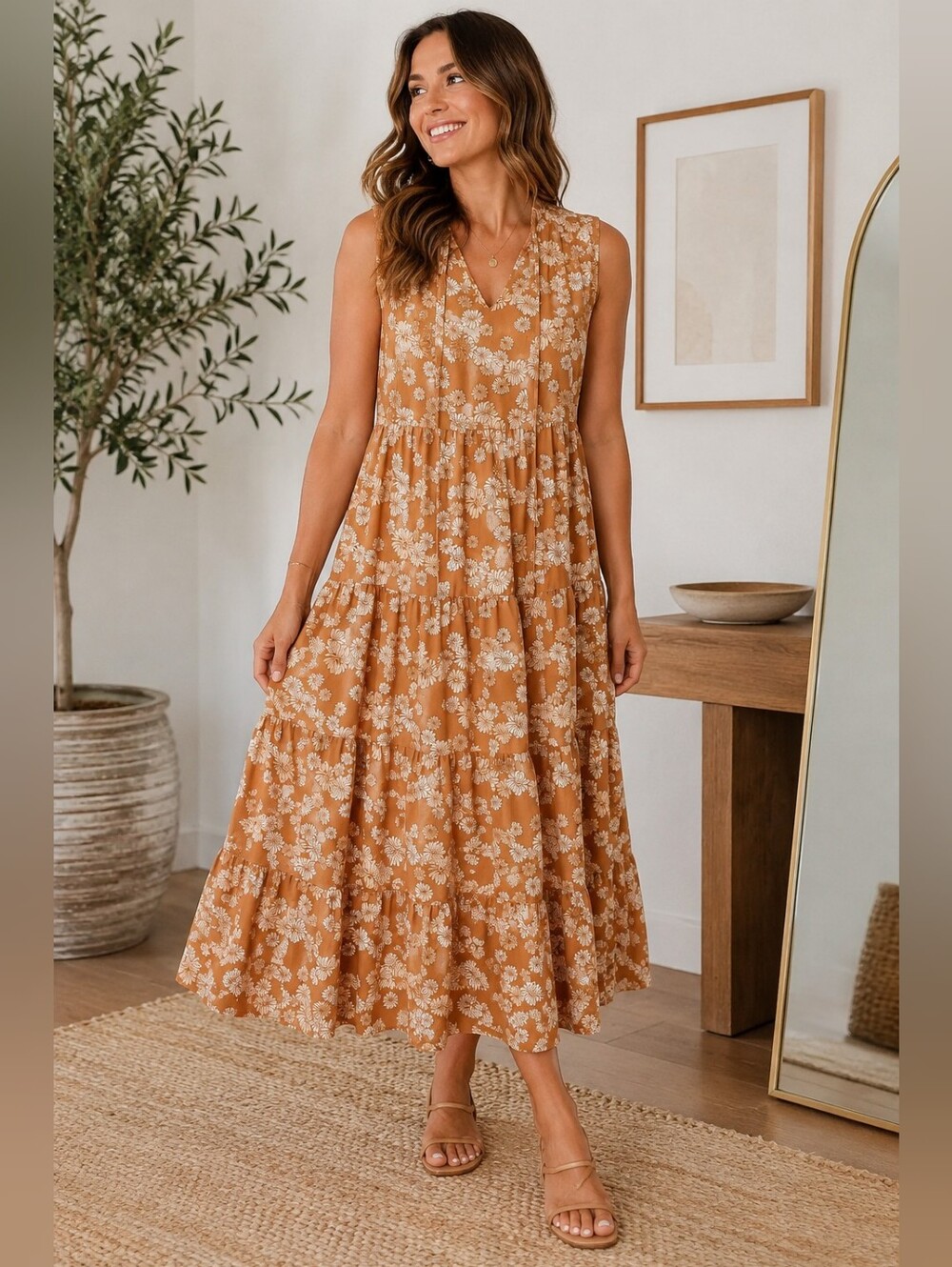 Paul & Joe X Uniqlo Camel Floral Sleeveless Tiered Maxi Dress Boho Peasant Med
